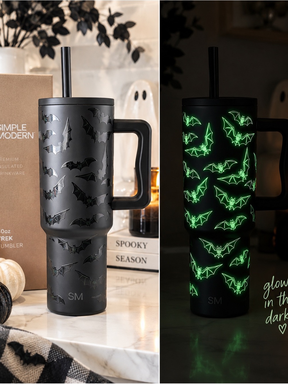 Simple Modern 40 oz Trek Tumbler Bat Skeletons Glow in the Dark Halloween